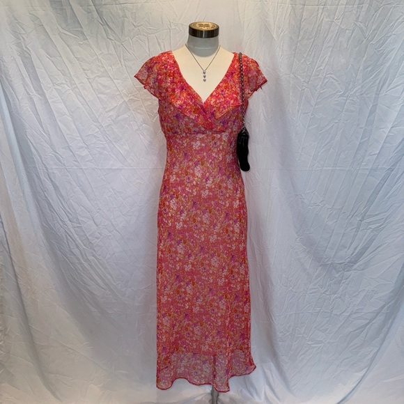 Vintage Dresses & Skirts - Vintage 90s Pink Floral Flowy Slip Boho Fairy Dress